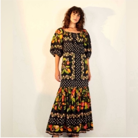 FARM Rio Cocoa Paradise Tropical Square Neck Maxi Dress Black Medium - Picture 1 of 10